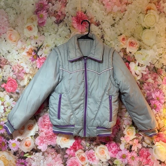 Women's Gray and Purple Puffer Jacket with Removable Sleeves - Picture 9 of 13